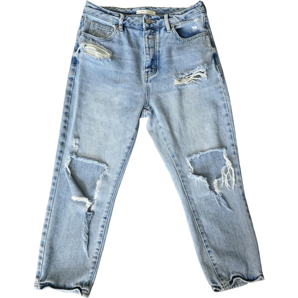PacSun Mom Jeans 26S Distressed Ripped High Rise Tapered Light Wash